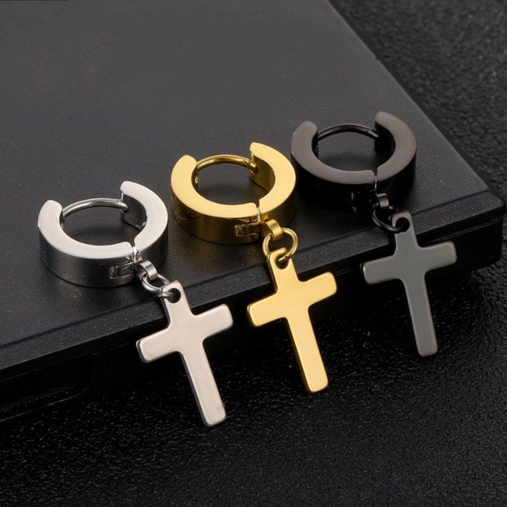 Black Stainless Steel Cross Drop Earrings - Picture 10 of 10